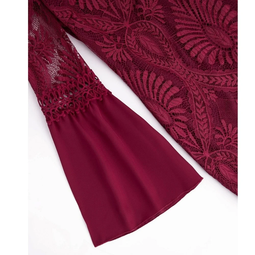 Burgundy Lace Detail Bell Sleeve Bohemian Mini Dress - Picture 9 of 13